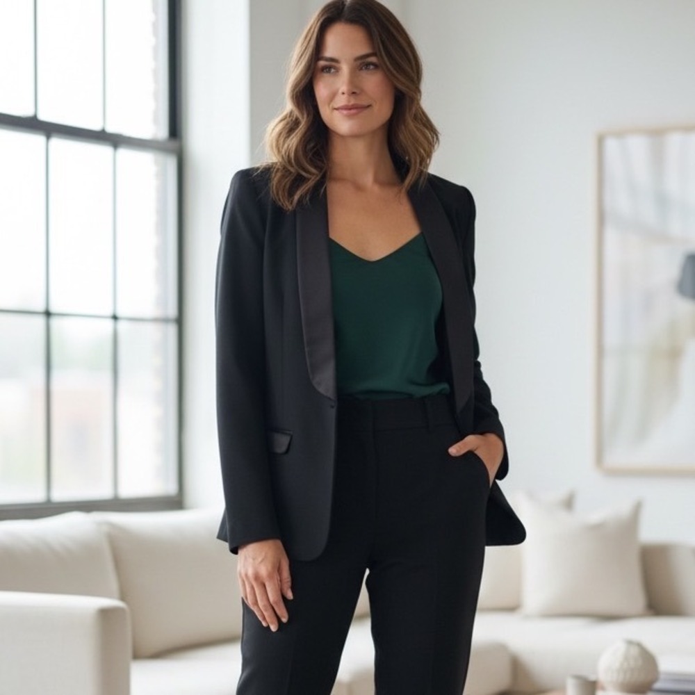 MNG by Mango Womens Black Tuxedo Blazer Satin Shawl Lapel Open Front Jacket Sz 6